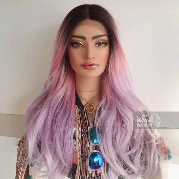 26" Pastel Pink Purple Ombre Wig Dark Roots| Kylie - Picture 8 of 8